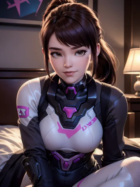 ((DVA from Overwatch)) without her mech, a woman with short brown hair in a (ponytail),she sits with her legs spread, high quali...