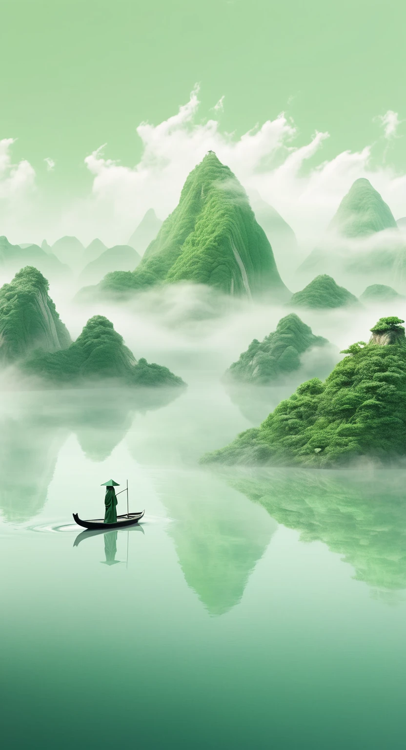 Minimalism, large areas of white space, mountain shapewater reflection, perspective aesthetics, light green, soft gradientcolors, a minimalist painting from ancient China, a  small boattransparent model, macro zoom, veil, veil material, pure whitebackground,artistic conception ink, depth of field --no black --ar，4k，Ultra HD