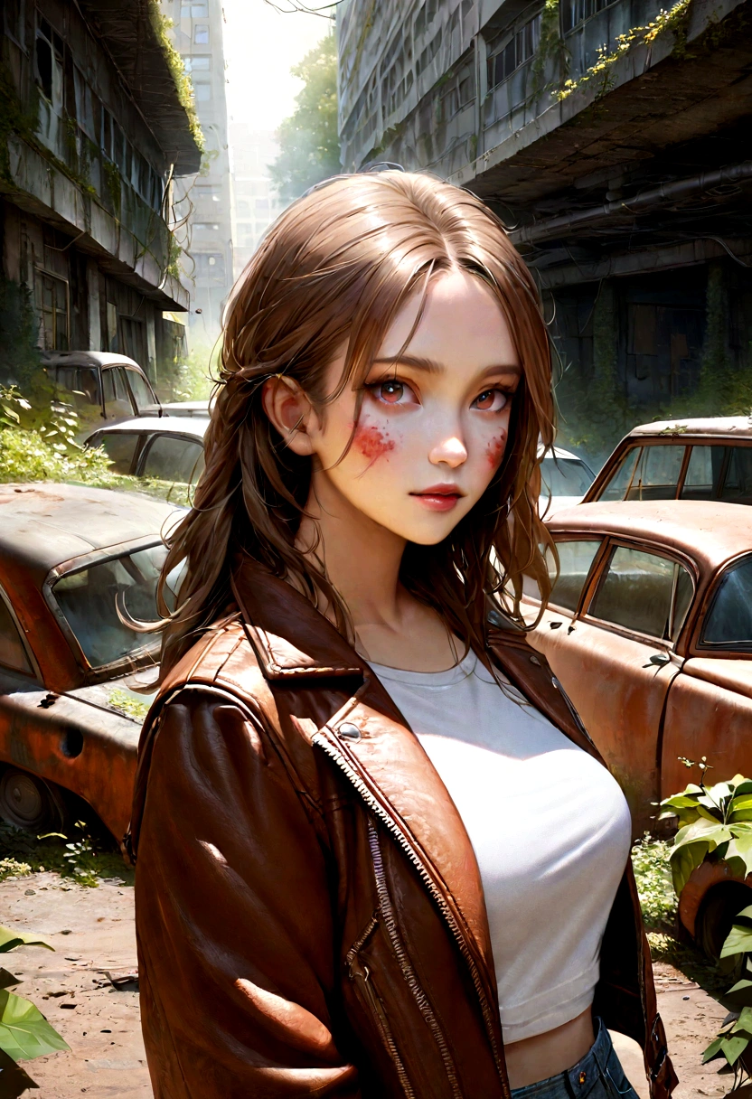 Portrait image of a young, Woman with large breasts, Dressed in a trendy denim crop top and leather jacket, posing gracefully in the middle of the desolation of a dystopian environment, filled with abandoned cars and overgrown vegetation. The photo shows off her ultra-realistic facial features in soft, diffused light, that accentuates every intricate detail