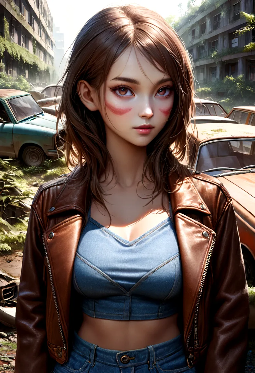 portrait image of a young, woman with large breasts, dressed in a trendy denim crop top and leather jacket, posing gracefully in...