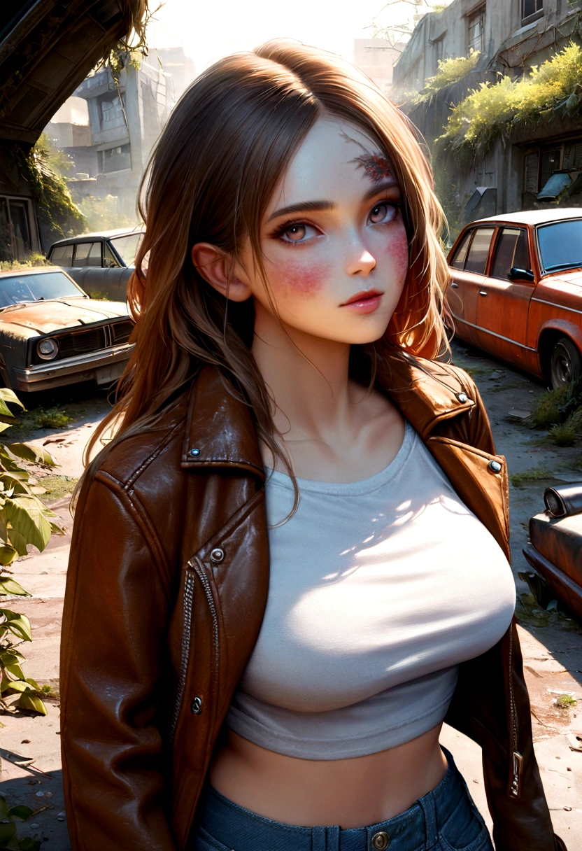 Portrait image of a young, Woman with large breasts, Dressed in a trendy denim crop top and leather jacket, posing gracefully in the middle of the desolation of a dystopian environment, filled with abandoned cars and overgrown vegetation. The photo shows off her ultra-realistic facial features in soft, diffused light, that accentuates every intricate detail