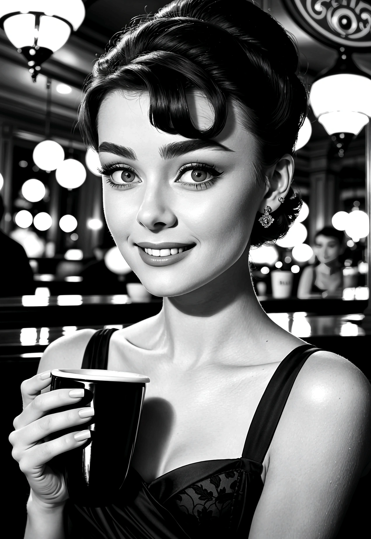 Fotografía de una mujer de 20 años que se parece a Audrey Hepburn: short dark hair, ojos grandes y expresivos y una sonrisa elegante, tomando café en un elegante bar victoriano. ojos perfectos, nariz perfecta, boca perfecta, Fotografía en blanco y negro de los años 50, 8K, fotografía realista --semilla 1751055599