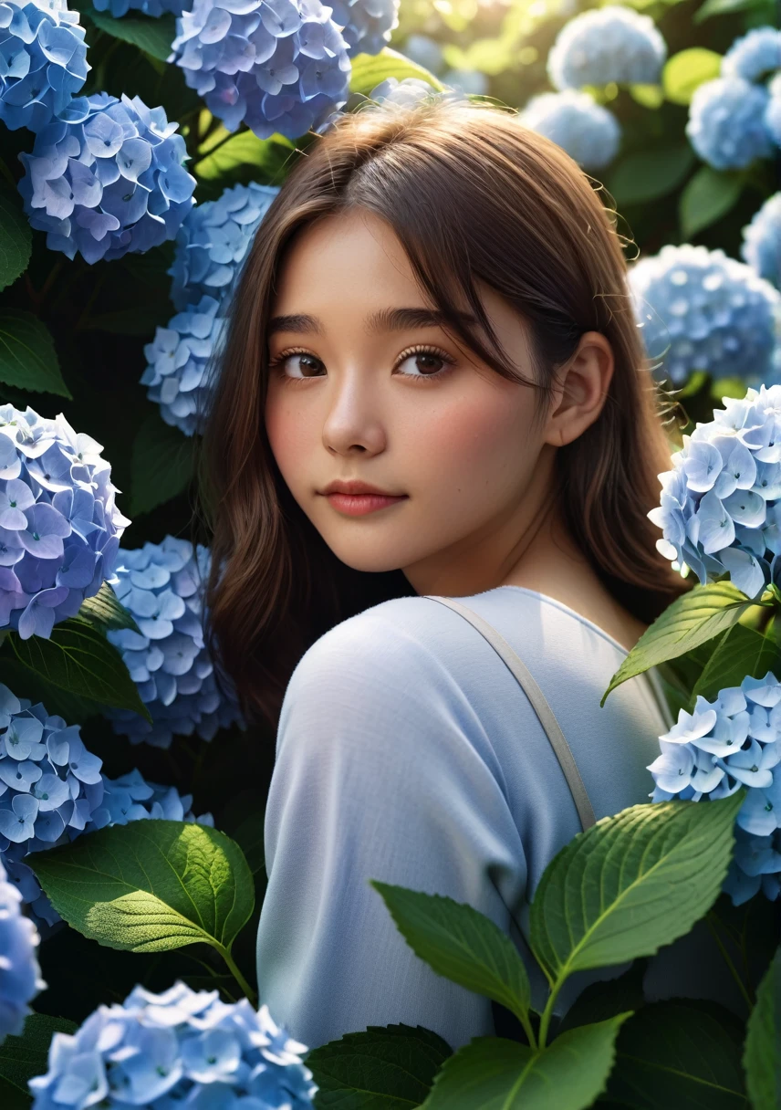 Beautiful woman sitting among hydrangea flowers、18-year-old、Close-up photo of a girl with flowers、Cute woman、Beautiful and smooth skin、Shy expression、(Intricate details), (Very detailed), 8K, Very detailed, Many details, high quality, Soft cinematic light,