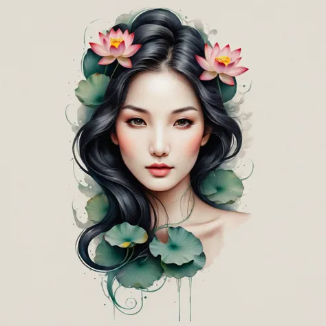 Modern minimalist art，（Close-up of a woman with a lotus tattoo on her neck）,This woman has a pretty face，Black long hair，（Lotus ...