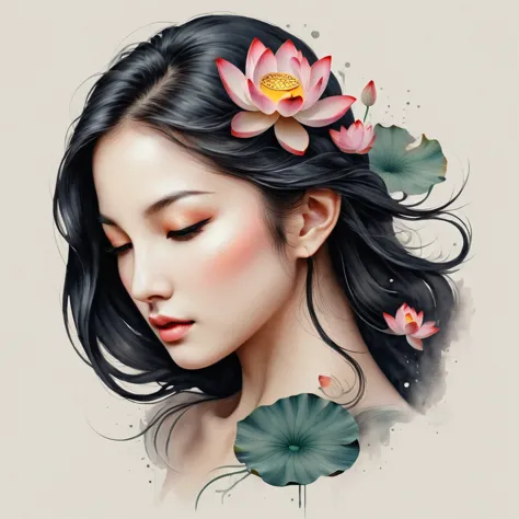 Modern minimalist art，（Close-up of a woman with a lotus tattoo on her neck）,This woman has a pretty face，Black long hair，（Lotus ...