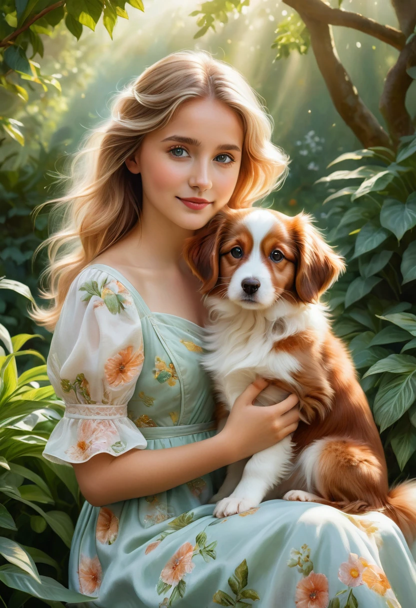 (highest quality,4K,8k,High resolution,masterpiece:1.2),Very detailed,(Realistic,photoRealistic,photo-Realistic:1.37),realistic,portraits,beautiful girl,holding a Kooikerhondje,paintings,soft brushstrokes,vibrant colors,garden background,detailed girl's eyes,detailed girl's lips,peaceful expression,flowing dress, figure,gentle smile,natural sunlight,lush greenery,playful puppy,wavy hair,subtle shadows,delicate features,captivating gaze,sunlight filtering through trees,botanical elements,floral patterns,endearing bond,bright and cheerful atmosphere,innocent charm,loving connection between girl and puppy,accurate portrayal of the Kooikerhondje's appearance,tender interaction,dimensional and lifelike representation,capturing the emotional connection between humans and animals,positive and heartwarming vibes,impeccable attention to detail,carefully composed composition,realistic fur texture and color rendering,subtle highlights and shading,impressionistic brushwork,ethereal and dreamlike quality, blond hair, 16 years old