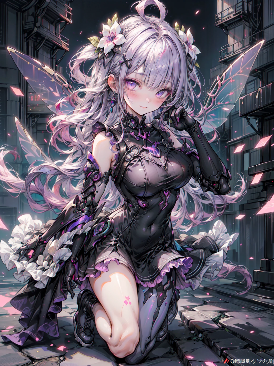 Best image quality、(((Ezvian Everywhere))),Character Portrait、Great style、Laugh hard、Beautiful legs、Leather shoes、Dynamic pose、, young、Gothic Lolita, (((Light purple hair))), Purple eyes, (mascara), Blunt bangs, ((Hair above the eyes)), Long Hair, Pink mixed hair、Mesh Color Pink、Big Breasts、 Frills,白いFrills, Black Theme, Blake、 ((colorful, bright色):1.3), (Black dress with holographic sheen:1.5), ((rainbow crinoline, A layered skirt in a striking black color):1.4), (Gothic Lolita:1.2), (Lace-up:1.2), ((Sleeveless, Expose your shoulders):1.2), (Rainbow Fairy Wings:1.3),Armor Textures、 break、 (Platform high boots:1.1), (Long gloves:1.2), ((Earrings, Send back):1.2), Faithfully, (((Eye focus))), (((Laughter))), The background is blurred, Hollow Eyes, Purple Theme、Viewer Display, (((night))), (((hair ornaments)))、Organic Armor Cyborg、Machinery Armor、break、（Dark Elf), (1 Girl), alone, Perfect Face, Get used to it, Ahoge, ((Long Hair:1.2)),[[Messy Hair]], Shiny blonde white hair, Purple eyes, Variegated eyes, colorfulな髪, Shining Eyes, (eyelash, eye shadow, pink eye shadow), bright, smile, Design Art：Haruhiko Mikimoto, by Kawashi, by Yoshitaka Amano