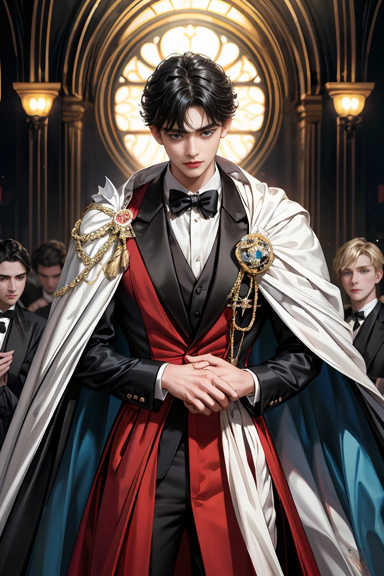 
masterpiece, 最high quality, high quality, 1 boy, alone, Male focus, Watching the audience,  Messy black hair, Adorable big blue eyes, White, Noble, Noble,Sexy voluminous cape、Tuxedo、A very voluminous, large, very large, very large, long, long red and black cape with a high stand-up collar, reaching down to the floor, made of a lot of fabric., 17 years old,Cute beautiful boys,Cute, cute, kind, handsome guy