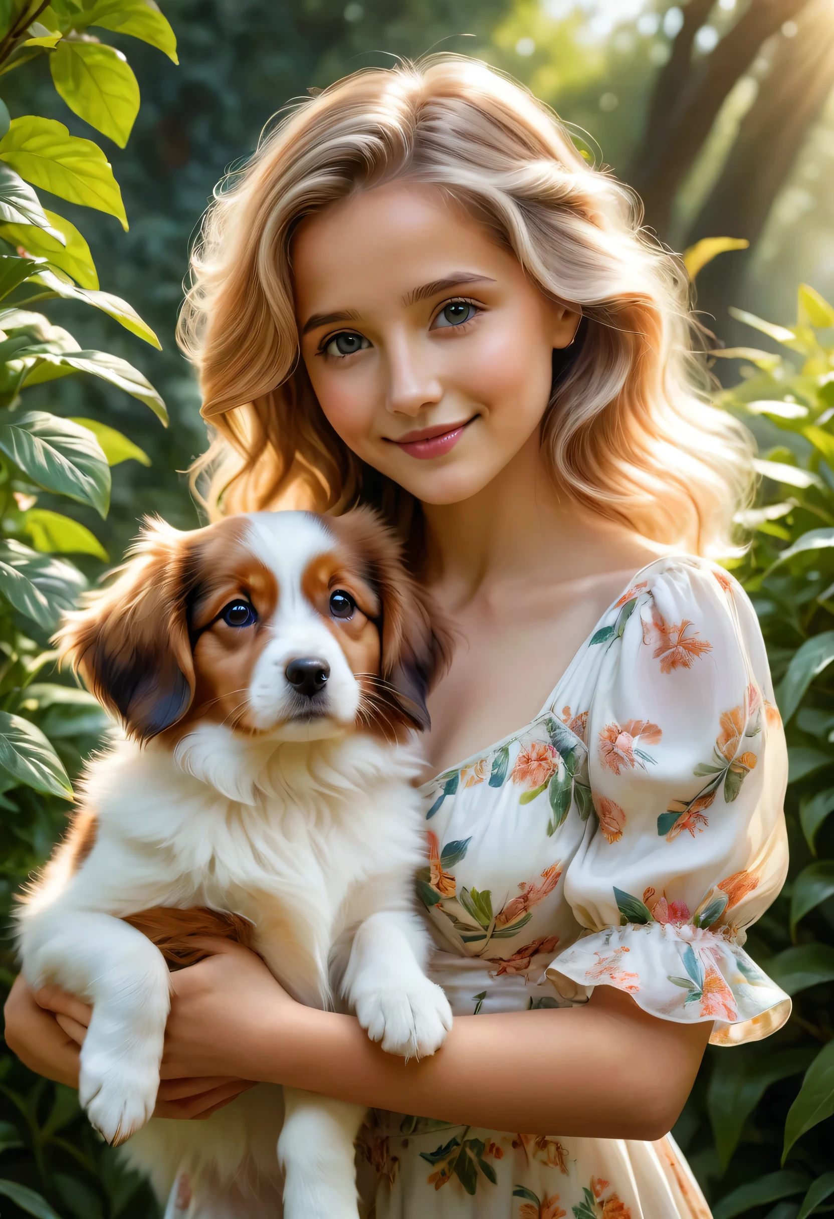 (highest quality,4K,8k,High resolution,masterpiece:1.2),Very detailed,(Realistic,photoRealistic,photo-Realistic:1.37),realistic,portraits,beautiful girl,holding a Kooikerhondje,paintings,soft brushstrokes,vibrant colors,garden background,detailed girl's eyes,detailed girl's lips,peaceful expression,flowing dress, figure,gentle smile,natural sunlight,lush greenery,playful puppy,wavy hair,subtle shadows,delicate features,captivating gaze,sunlight filtering through trees,botanical elements,floral patterns,endearing bond,bright and cheerful atmosphere,innocent charm,loving connection between girl and puppy,accurate portrayal of the Kooikerhondje's appearance,tender interaction,dimensional and lifelike representation,capturing the emotional connection between humans and animals,positive and heartwarming vibes,impeccable attention to detail,carefully composed composition,realistic fur texture and color rendering,subtle highlights and shading,impressionistic brushwork,ethereal and dreamlike quality, blond hair, 16 years old