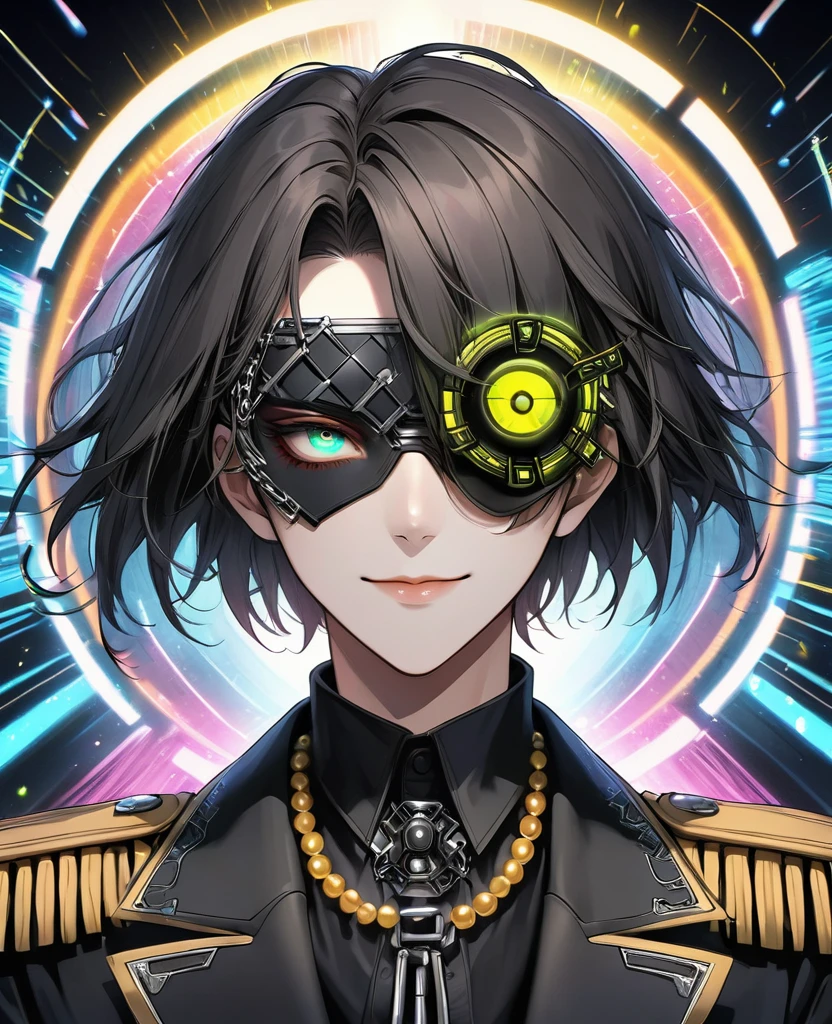 (Digital Illustration，Detailed anime style，Heavy Metal Cyberpunk，Pearl tassel eye mask，Portrait of short-haired boy wearing mask eye patch，Solitary，symmetry)，(Big colorful eyes，Fashionable and exquisite facial features，Exquisite makeup，Smooth skin，Smile，Soulful gaze，)，(Black suit，Epaulettes-Chain，cool，)，(((Correct human anatomy)))，，out a hand：1.37.(((Radioactive geometric dynamic light wave background)))