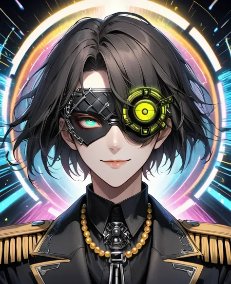 (digital illustration，detailed anime style，heavy metal cyberpunk，pearl tassel eye mask，portrait of short-haired boy wearing mask...