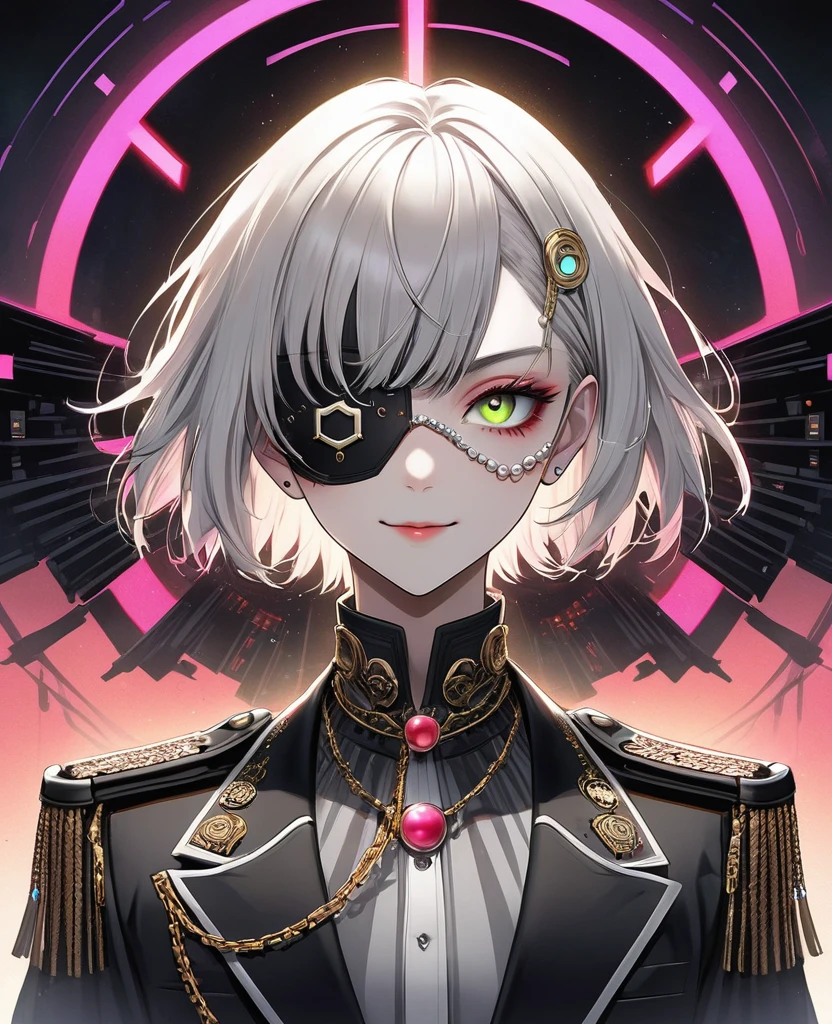 (Digital Illustration，Detailed anime style，Heavy Metal Cyberpunk，Pearl tassel eye mask，Portrait of short-haired boy wearing mask eye patch，Solitary，symmetry)，(Big colorful eyes，Fashionable and exquisite facial features，Exquisite makeup，Smooth skin，Smile，Soulful gaze，)，(Black suit，Epaulettes-Chain，cool，)，(((Correct human anatomy)))，，out a hand：1.37.Radioactive geometric dynamic light wave background