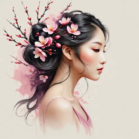 Modern minimalist art，（Close-up of a woman with a plum blossom tattoo on her neck）,This woman has a pretty face，Black long hair，...