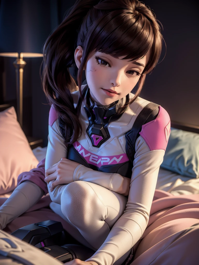 ((DVA from Overwatch)) without her mech, a woman with short brown hair in a (ponytail),she sits with her legs spread, high quality refelctions, volumetric lighting, she is wearing her classic thin figure hugging stretchy pink white and blue full bodysuit, in her bedroom on her bed, 1 girl solo, cinematic lighting, high resolution, physically-based rendering, 8k, volumetric lighting, hyperrealistic, detailed facial features, masterpiece, full upper body, gaming setup in background, cinematic, you can see the fabric of the shirt and the knits very detailed,((she has very small  breasts)),  flat , the focus is on her whole body and the environment, cinematic screenshot, you can see the (whole room) and her sitting on the bed, the picture has a very soft look at soft textures, cute sleepy smile, her arms are on a game controller, DVA is gaming before sleeping, woman body