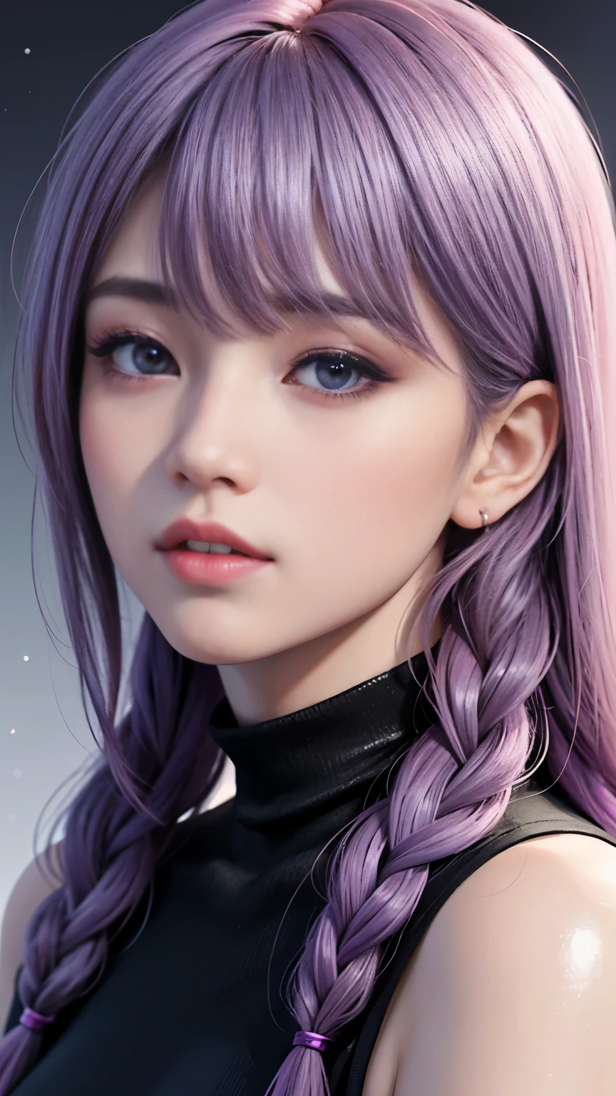 background（Black Night Sky，Big Moon），Woman close up，Wearing a white shirt、Purple Hair，Very long hair，very thick braids，Purple eyes，big ， realistic girl rendering, 8k artistic german bokeh, Enchanting girl, Realistic girl, Gurwitz, Gurwitz-style artwork, Girl Roleplay, Realistic 3D style, cgstation Popular Topics,, 8K Portrait Rendering,（Faithfulness，Faithfulness：1.4），Wear pink pajamas，巨big ，Sparkling eyes，Purple eyes