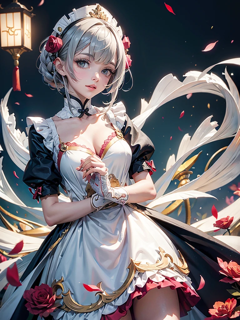 white gloves, grey hair, white gloves, white coat, jewelry, maid dress, maid apron, maid headdress, sexy girl, Genshin Impact, 1girl solo, masterwork, best quality, chinese style, night, lanterns, tradicional chinese style, maid dress, maid headdress, red roses, silver hair, noelle_(genshin impact), maid apron, white apron, yellow eyes, dark pink laces, 1girl, dress, maid dress, solo, flowing hair, floating hair, ornament hair, perfectly body, perfectly hands, two hands, twon arms, two legs, on garden, petals, centered girl, black dress, more details on her clothes, dress with transparency, golden details, daylight, smiling, ((4k, masterpiece, top-quality)),8k, best quality, high resolution, HD, (illustration:0.8), super cute girl, delicate and beautiful face, mature girl, super cute hairstyle, (beautiful detailed eyes:1.6), extremely detailed face, perfect lighting, extremely detailed CG, (perfect hands, perfect anatomy), Best quality, cleavage, small skirt, full Body,