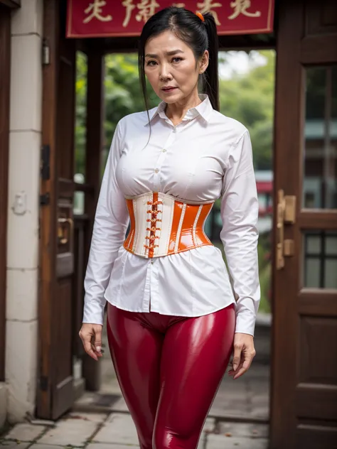 ((best quality)), ((masterpiece)), (4k details), photorealistic, full body, (((asian old woman))), ((age 70)), red tight rubber ...