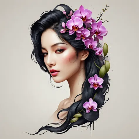 Modern minimalist art，（Close-up of woman with orchid tattoo on neck）,This woman has a pretty face，Black long hair，（Orchid tattoo...