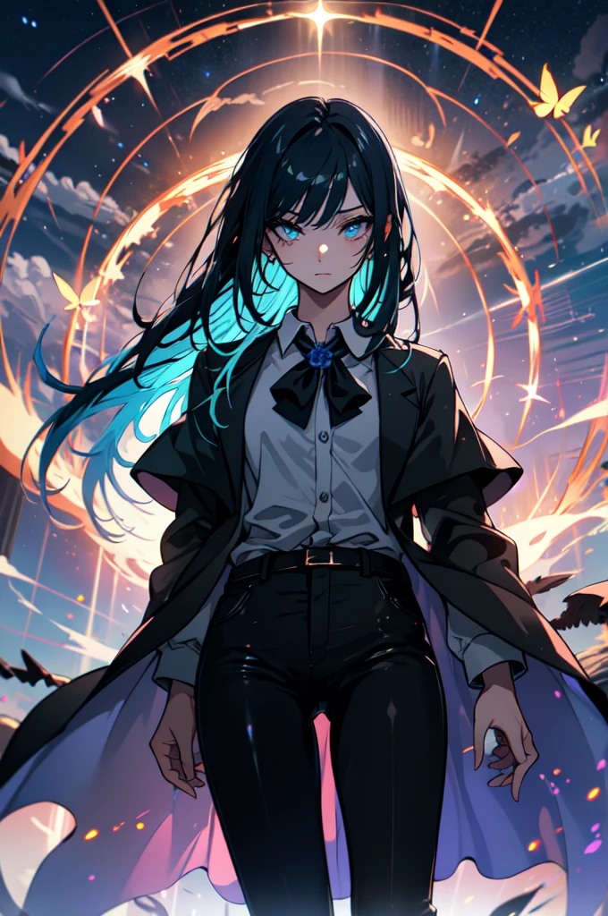 Beautiful hands, Beautiful dresasterpiece, (best quality:1.2), intricate details, ado, 1girl, multicolored hair, long hair, collared shirt, jacket, bangs, long sleeves, blue flower, (mature female:1.2), Ado, (dark blue hair, light blue inner), extra long hair, straight hair, blue eyes, slanted eyes, white inner shirt, (long black jacket, long black pants),  (masterpiece, best quality:1.2), intricate details, ado, 1girl, multicolored hair, long hair, collared shirt, bangs, long sleeves, blue flower, (mature female:1.2), Stars and comets pass by in the open sky, Beautiful Clouds, A tree with glowing fireflies and butterflies々, (Ultra-realistic), {Highly detailed CG unit 8k wallpaper}, Vast landscape photography, (View from below with a panoramic view of the sky, vast open field vision), (Low angle shot), (Light: 1.5), (warm Light source: 1.2), Intricate details, (Rainbow colors: 1.2), (bright Lighting), (atimospheric Lighting), dream-like, Magic, fairy tale