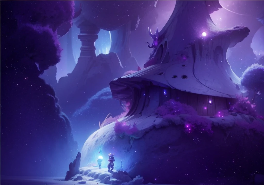 digital painting, Game Location, location from the game, dungeon from the game, локация space, Game Location, space location, location in blue and purple tones, Game Location, cute style, Large location, fog in the foreground with glow effects, colorful, No characters, no characters, location only, cute style, anime style, space, Space, planets in the background