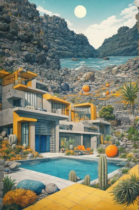 an illustration in collage style, with giant boulders, brutalist building sections, terraces, stairs, cacti, agave, concrete tex...