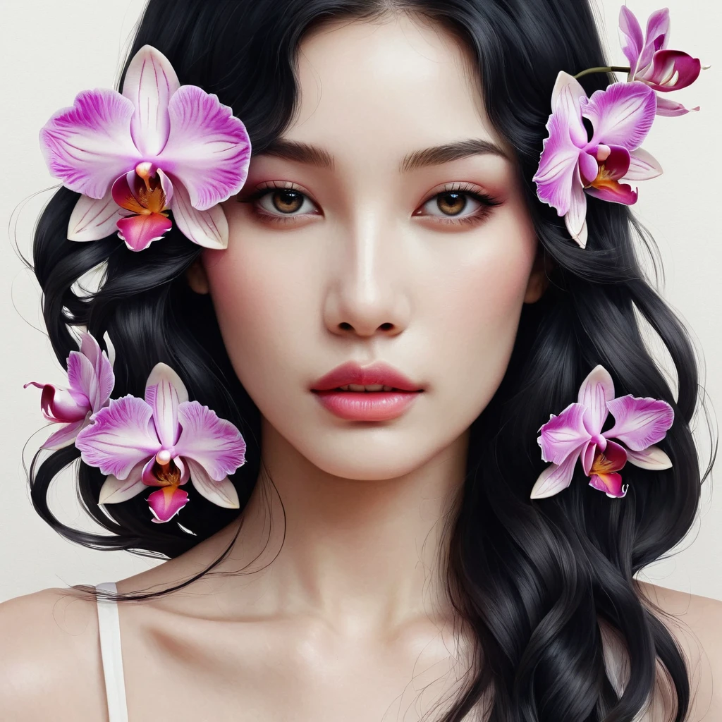 современное минималистское искусство，,У этой женщины красивое лицо，черные длинные волосы，（татуировка орхидеи на шее：1.3），Иллюстрация распущенных волос，светлое лицо， Стройный, красивые глаза， Элегантное цифровое искусство, красивые цифровые иллюстрации, Красивая рисовка персонажей,
