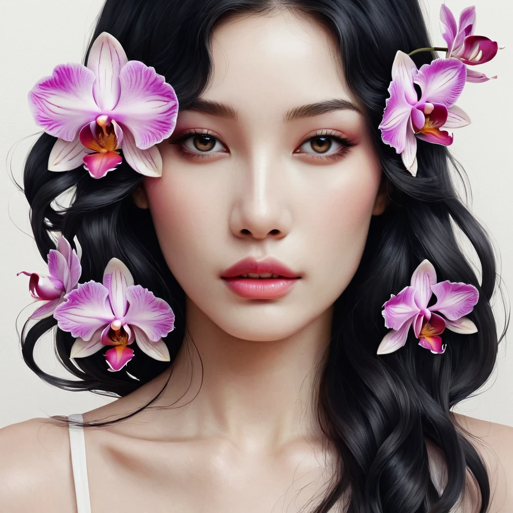 arte minimalista moderno，,esta mujer tiene una cara bonita，pelo largo negro，（tatuaje de orquídea en el cuello：1.3），Ilustración de cabello suelto，cara justa， delgado, Ojos bonitos， Elegant digital art, hermosas ilustraciones digitales, hermosa pintura de personajes,
