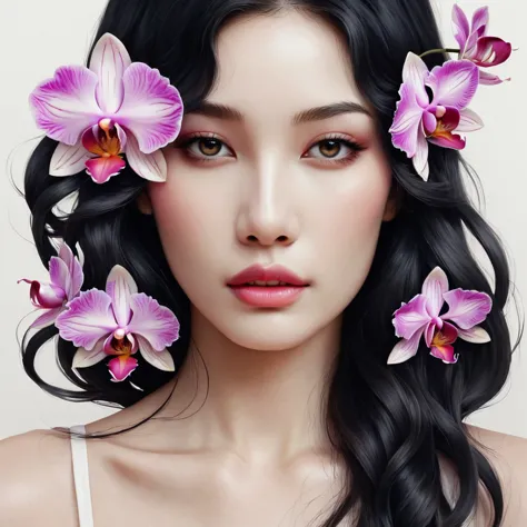 Modern minimalist art，,This woman has a pretty face，Black long hair，（orchid tattoo on the neck：1.3），Flowing hair illustration，Fa...