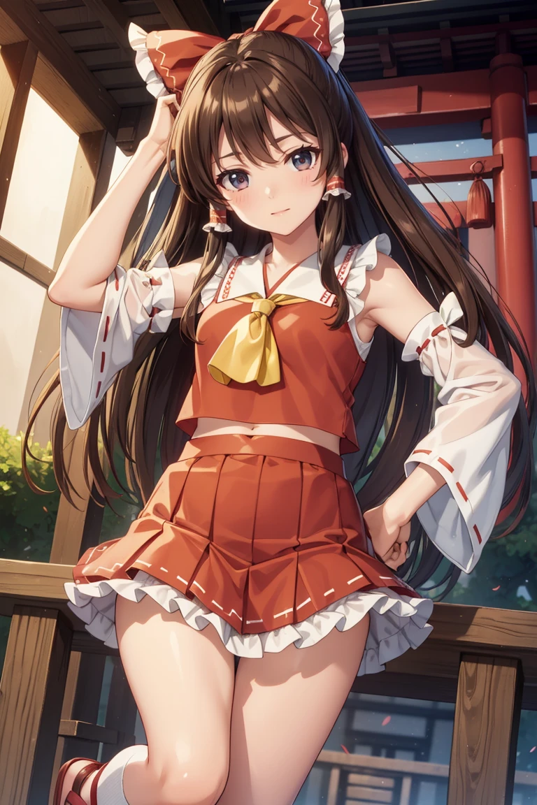 reimu hakurei, (Brown eyes:1.5), Brown Hair, bow, hair bow, Hair Tube, Long Hair, red bow, Side Lock,
Blake Ascot, Bare shoulders,Removable sleeves, embellished costume, Frills, kimono, Non-traditional Shrine Maiden, Red Skirt, Sandals, sarashi, mini skirt, socks, White sleeves, white socks, Wide sleeves,Bed、lie down、((I&#39;m not wearing panties、Beautiful genitals))、(((Open your legs wide)))
BREAK Watch Viewers,blush、Surprise face、
Outdoor rest, shrine,Cowboy Shot,Smile Break (masterpiece:1.2), Highest quality, High resolution, unity 8k wallpaper, (figure:0.8), (Beautiful attention to detail), Highly detailed face, Perfect lighting, Highly detailed CG, (Perfect hands, Perfect Anatomy),Dynamic pose,