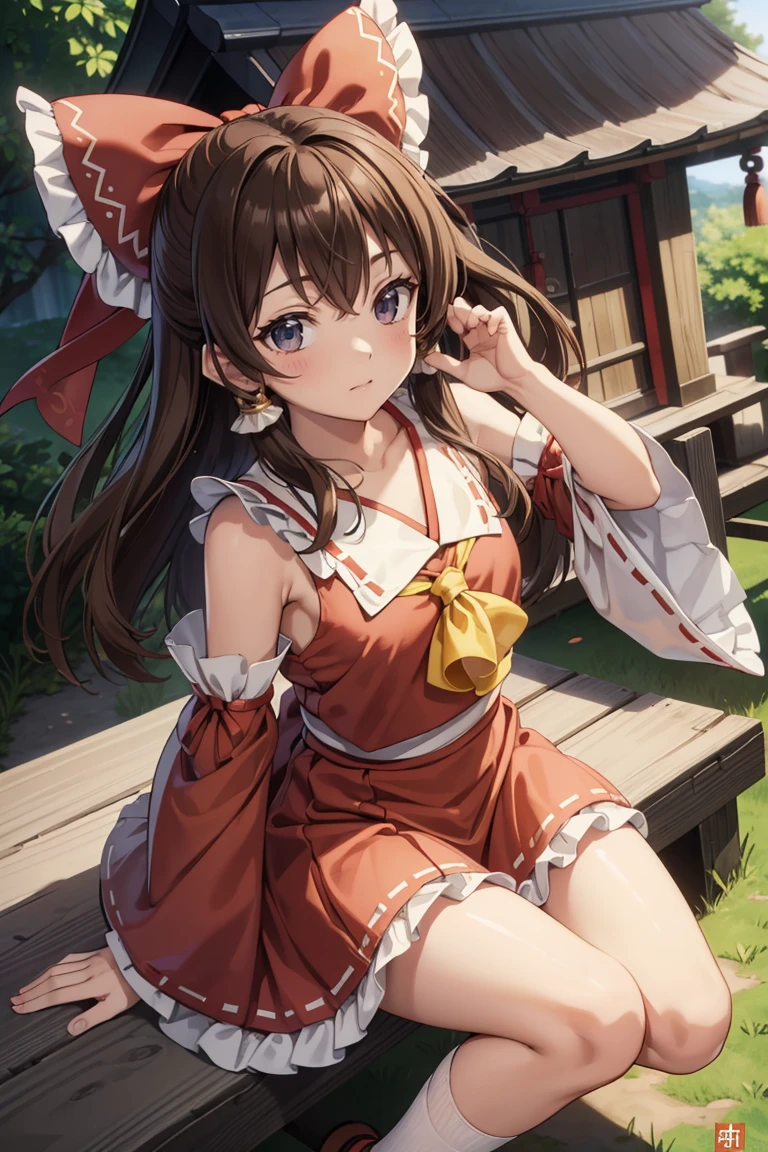 reimu hakurei, (Brown eyes:1.5), Brown Hair, bow, hair bow, Hair Tube, Long Hair, red bow, Side Lock,
Blake Ascot, Bare shoulders,Removable sleeves, embellished costume, Frills, kimono, Non-traditional Shrine Maiden, Red Skirt, Sandals, sarashi, mini skirt, socks, White sleeves, white socks, Wide sleeves,Bed、lie down、((I&#39;m not wearing panties、Beautiful genitals))、(((Open your legs wide)))
BREAK Watch Viewers,blush、Surprise face、
Outdoor rest, shrine,Cowboy Shot,Smile Break (masterpiece:1.2), Highest quality, High resolution, unity 8k wallpaper, (figure:0.8), (Beautiful attention to detail), Highly detailed face, Perfect lighting, Highly detailed CG, (Perfect hands, Perfect Anatomy),Dynamic pose,