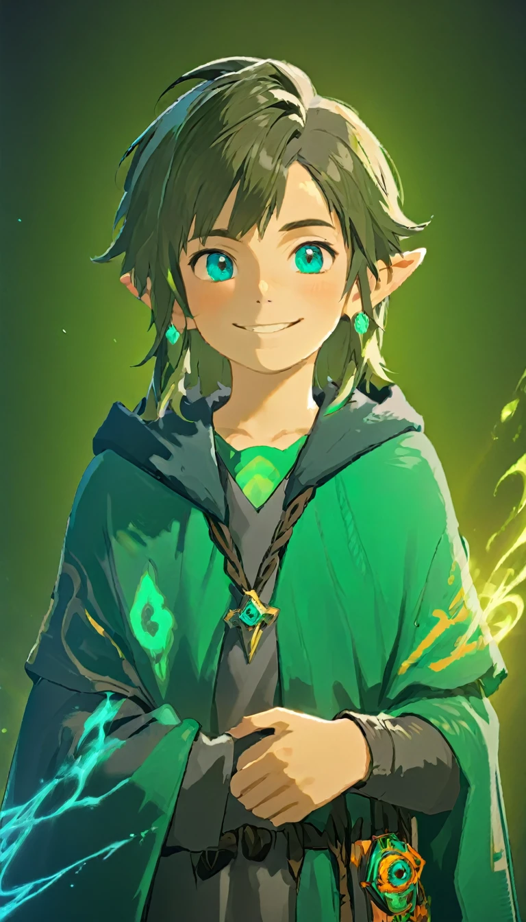 a 15 year old boy smiling with crossed arms, wearing a sorcerer's cloak, green background, looking straight ahead, detailed face, high quality, digital art, fantasy, dramatic lighting, cinematic composition