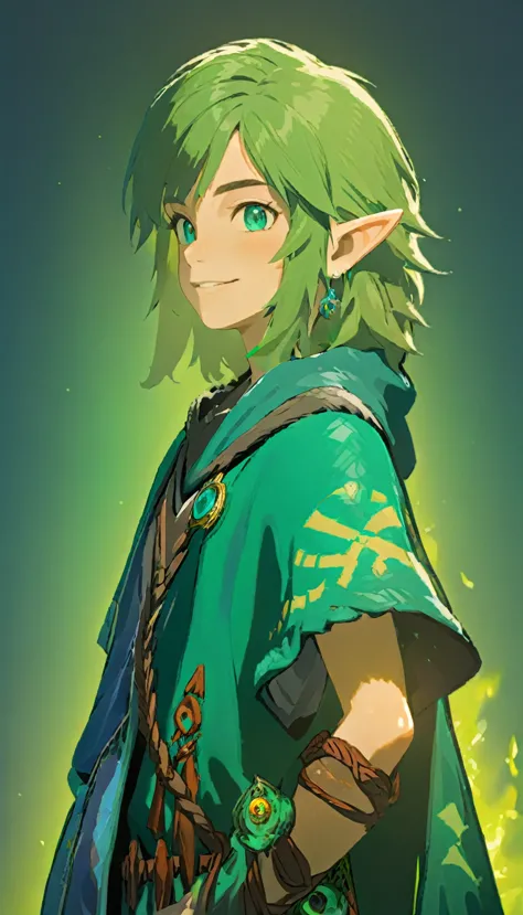 a 15 year old boy smiling with crossed arms, wearing a sorcerer's cloak, green background, looking straight ahead, detailed face...