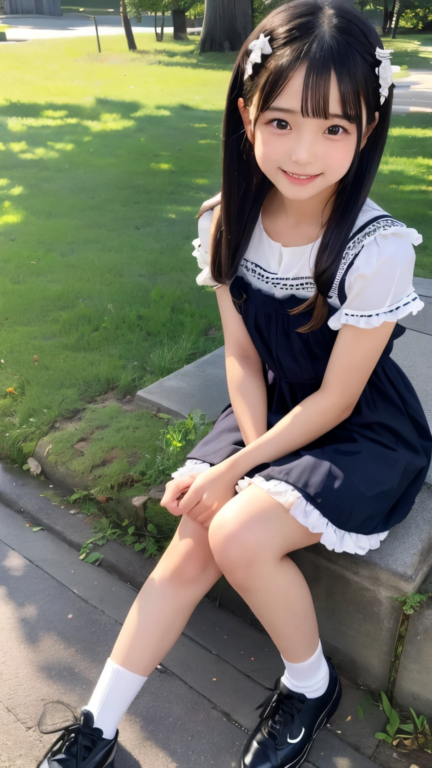 A close up of a young girl sitting on a bench in a park - SeaArt AI