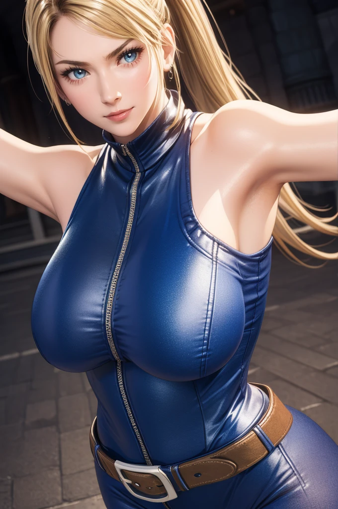 Sarah, blue eyes, long hair, cowboy shot, blonde hair, high ponytail, bodysuit, Shoulders exposed, (arms exposed:1.2), (tight blue bodysuit:1.1), belt ,sleeveless, zipper, boots, high heels, earrings, fingerless gloves, BREAK masterpiece, 1 girl, RAW photo, (best quality:1.2), extremely delicate beautiful, very detailed, 2k wallpaper, amazing, fine details, extremely detailed CG Unity 8k wallpaper, super detailed, high resolution, (beautiful detailed girl:1.2), perfect anatomy, (shiny clothes:1.1), (smile:1.2), (large breasts:0.5), (upper body:1.4), (Realistic, Photorealistic:1.0), (thin nose:1.2), (breast focus:1.3), 20 year old, high nose bridge, (blue clothes:1.2), fighting pose, fighting arena, ultra detailed armpit
