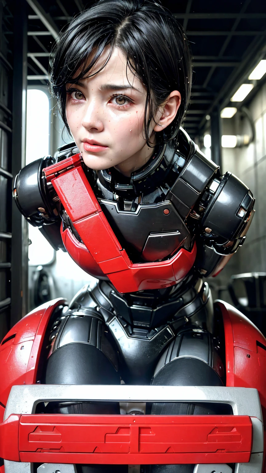 Highest quality　8k Red Mecha Cyborg Girl　Middle-aged women　Sweaty face　cute　short hair　boyish　Steam coming out of my head　My hair is wet with sweat　The feel of black hair　Full body portrait　My upper body is soaked　 　I can see the vagina　Lying in bed