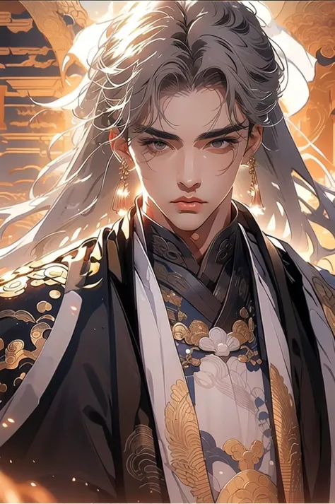 a man in a white robe, young and handsome man, ponytail, waist-length hair, ancient Chinese clothing, qi, a huge saber, ancient ...
