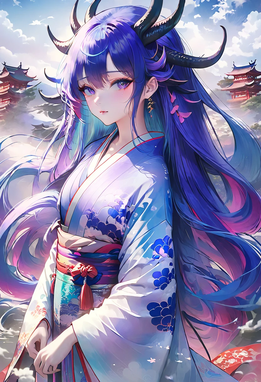 ((  Theme: Demon Realm))))、woman、Beauty、Alluring、high resolution、High quality Blue and purple hair Long hair、 With a long, narrow face、Fair skin、Gorgeous kimono