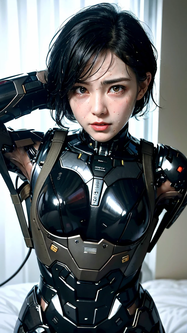 Highest quality　8k Red Mecha Cyborg Girl　Middle-aged women　Sweaty face　cute　short hair　boyish　Steam coming out of my head　My hair is wet with sweat　The feel of black hair　Full body portrait　My upper body is soaked　 　I can see the vagina　Lying in bed