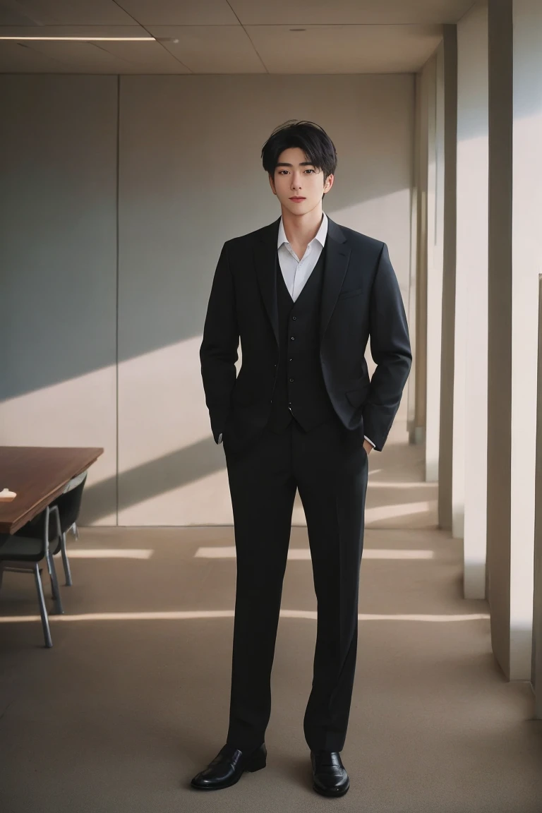 Handsome man portrait, Shoot with Leica, shadow play, Gorgeous lighting, Subtle pastel tones, High-class office building，Wearing a black suit，whole body，Looking at the camera，deep feeling