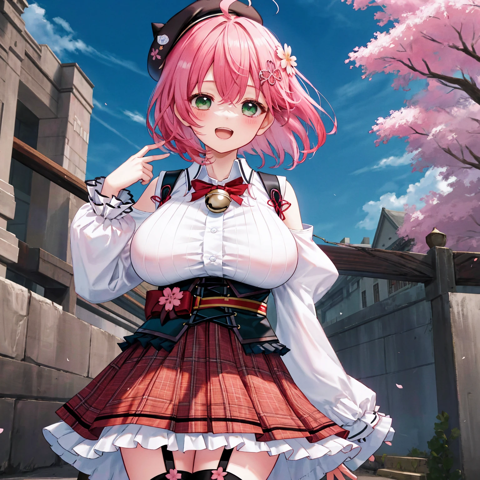 masutepiece, Best_Quality, hight_resolution, miko2,Ponytail, 1girl, Ahoge, black headwear, Hair Ornament, White shirt, black thighhighs, Pink hair, Red_skirt, very_short_skirt, plaid skirts, garter_strap, Collared shirt, hair clips, frilld, Bangs, hair between eye, frills skirt, beret, Pleated skirt, Hair Flower, Neck bell, , puffy long sleeves, Black bow, Underbust, Cowboy Shot,Smile, (gigantic_breasts:1.3),covered_nipples, covered_pussy,green_eyes, happy, childlike_posing,spread_legs,(big_smile:1.2),plump,open_mouth,shout,half_eyes,cherryblossom_park_background,