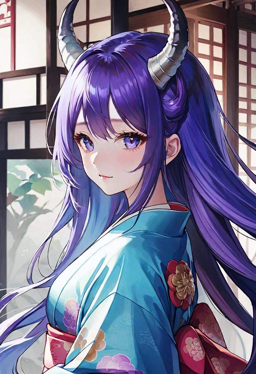 ((  Theme: Demon Realm))))、woman、Beauty、Alluring、high resolution、High quality Blue and purple hair Long hair、 With a long, narrow face、Fair skin、Gorgeous kimono