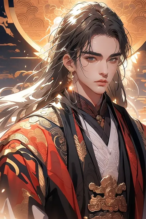 dragons, a man in a white robe, young and handsome man, ponytail, waist-length hair, ancient Chinese clothing, qi, a huge saber,...