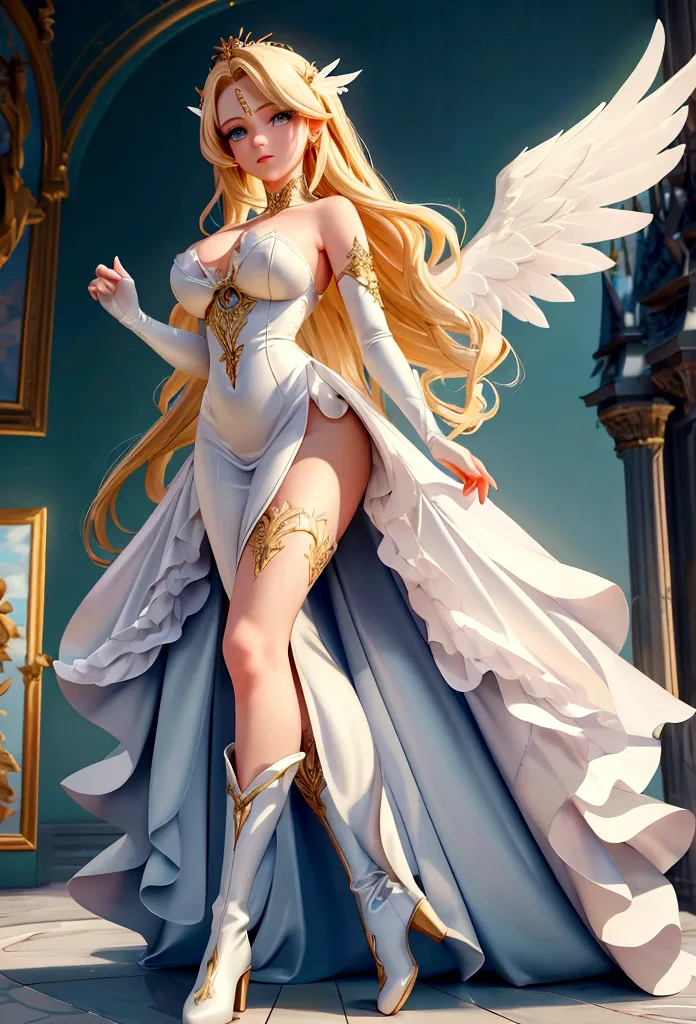 arafed, a picture of a female angel in high society prom event, divine beautiful female angel, blond hair, long hair, flowing ha...