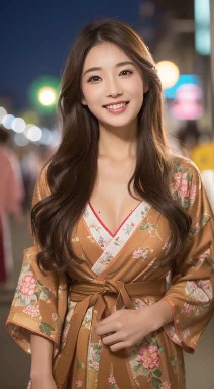 ((highest quality、8k、master piece:1.3))、Self snap、beautiful woman with perfect figure:1.4、(brown long hair、normal breasts:1.3)、(floral pattern yukata)、Highly detailed face and skin texture、detailed eye、double eyelid、laughter:1.5、Full body Esbian、～sacrifice to、in the street、night