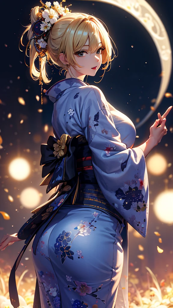 masterpiece, high quality, 4K, Beautiful design, silhouette，blonde， 非常に詳細な夜のStarry Sky,Flower Field， wonderful, Finer details,  Very knowledgeable woman, Highly detailed solo, 1 female,Big Breasts，Big Ass，Underwear Line，Yukata in white color，Night view，Starry Sky，full moon，