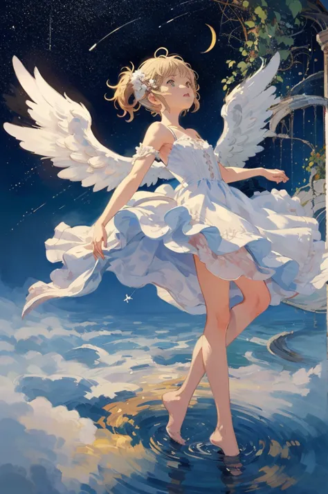 detailed full body portrait，(the girl looks up at the stars), angelic, angelic, (the angel's wings), white dresses，mandy jürgens...