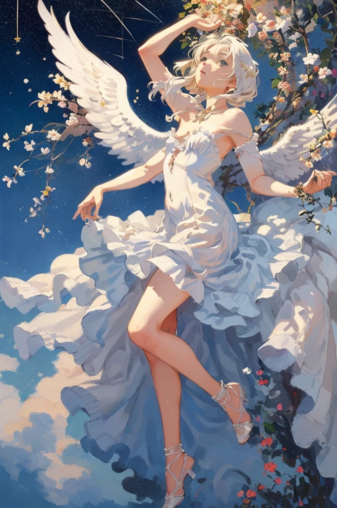 detailed full body portrait，(The girl looks up at the stars), Angelic, Angelic, (the angel's wings), white dresses，Mandy Jürgens (Mandy Jurgens) Realistic paintings created, Perverted, arte figurativa, Detailed depiction of the, realistically, An artwork of, contours， seen from the side， simple backgound，(lamplight:1.0)，tmasterpiece，Best quality，