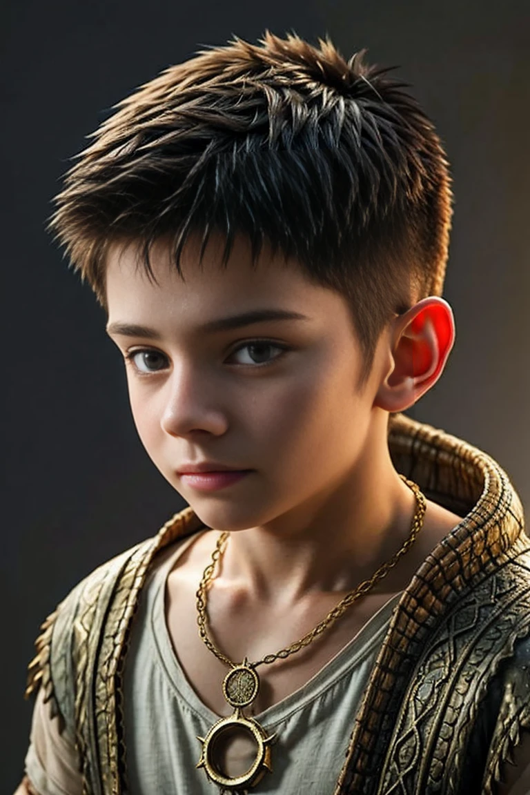 AS TOM HOLLAND, (((LITTLE KID))), (fantasy art), 1 boy, about 10 years old,((( like Atreyu of Neverending story))), beautiful, perfect face, sweet face, with a fantastic big white dragon, dark eyes, fantastic clothes with bare arms and legs , medium mane dark hair, fantastic hairstyle, necklaces and bracelets,, fantasy, (masterpiece, photorealistic, absurd), dappled sunlight, studio lighting, ((on neutral dark gray background)),
