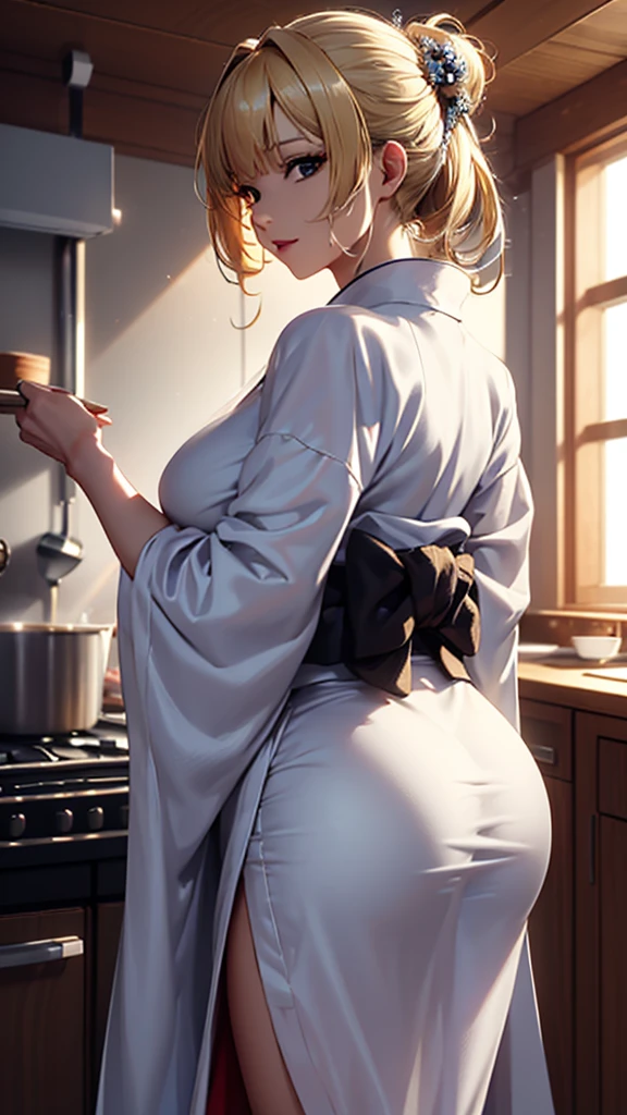 masterpiece, high quality, 4K, Beautiful design, silhouette，blonde， Very detailed，kitchen， wonderful, Finer details,  Very knowledgeable woman, Very detailedなソロ, 1 female,Big Breasts，Butt，Underwear Line，Yukata in white color，cooking，