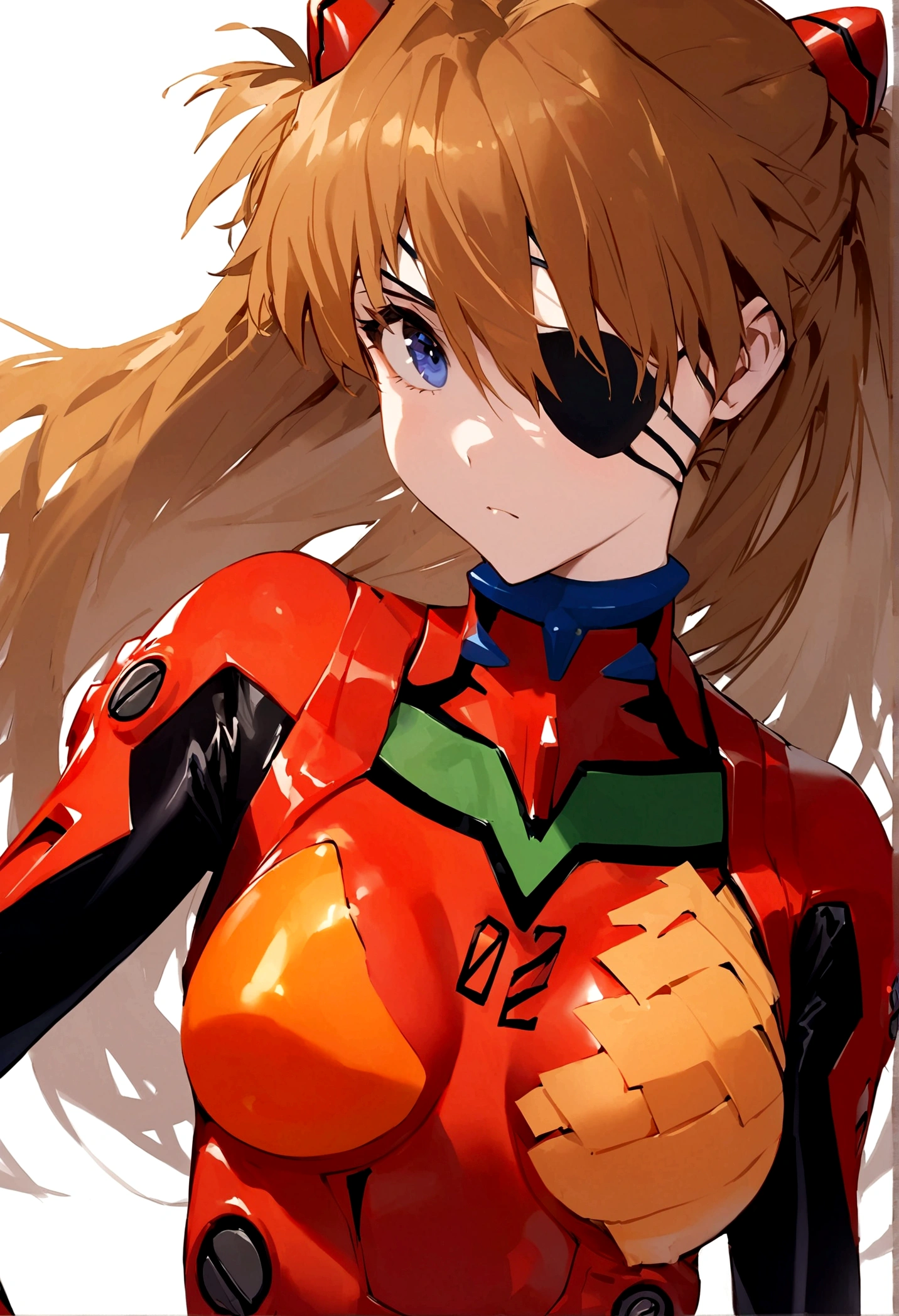 best quality, masterpiece,  bodysuit, evangelion:_3.0_you_can_(not)_redo, (eyepatch), white_background, looking_away, 1girl, rebuild_of_evangelion, hair_ornament, red_bodysuit, solo, closed_mouth, neon_genesis_evangelion, souryuu_asuka_langley, simple_background, covered_collarbone, two_side_up, plugsuit, upper_body